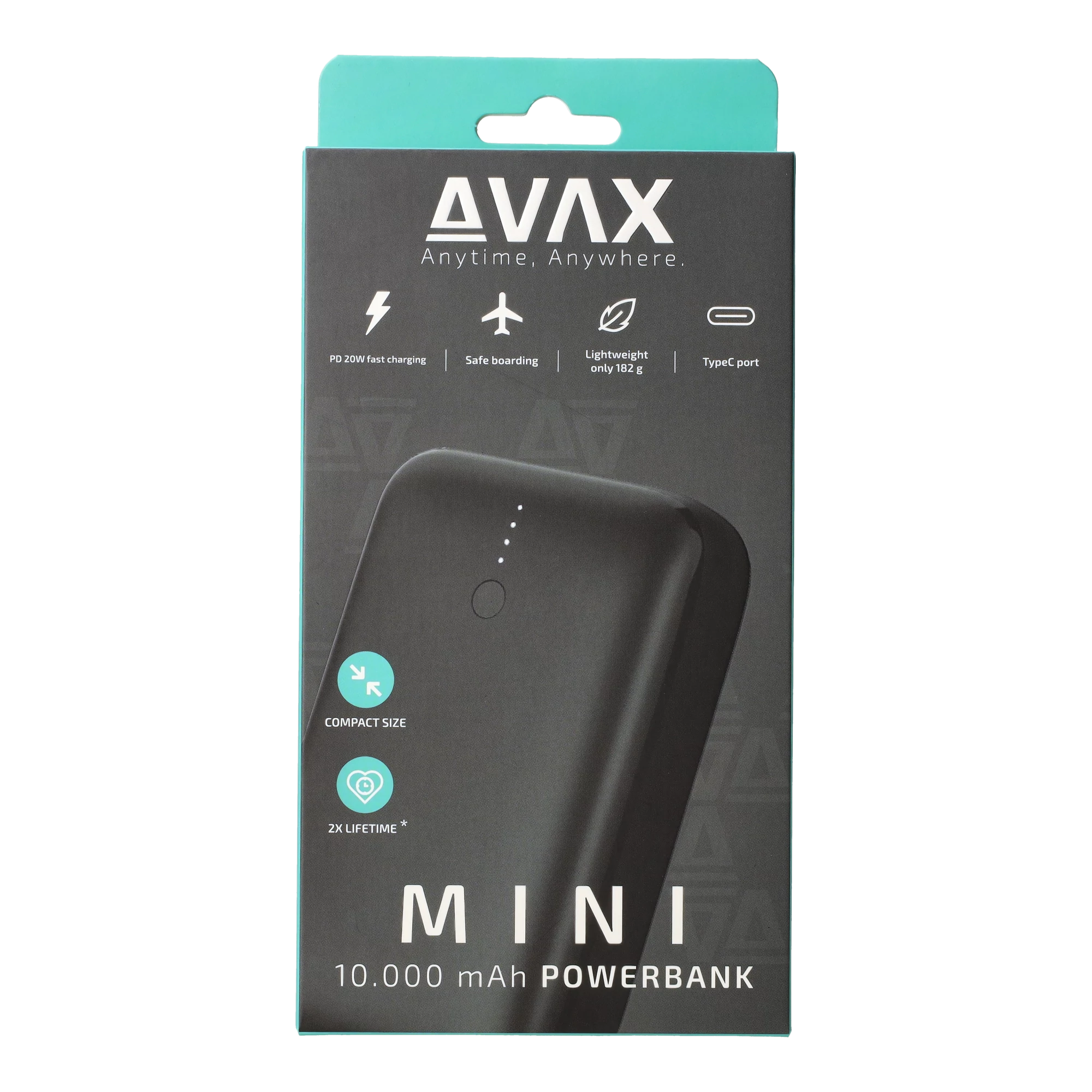 AVAX PB105B MINI 20W 10.000mAh PD/USB-C gyorstöltő külső akkumulátor, fekete
