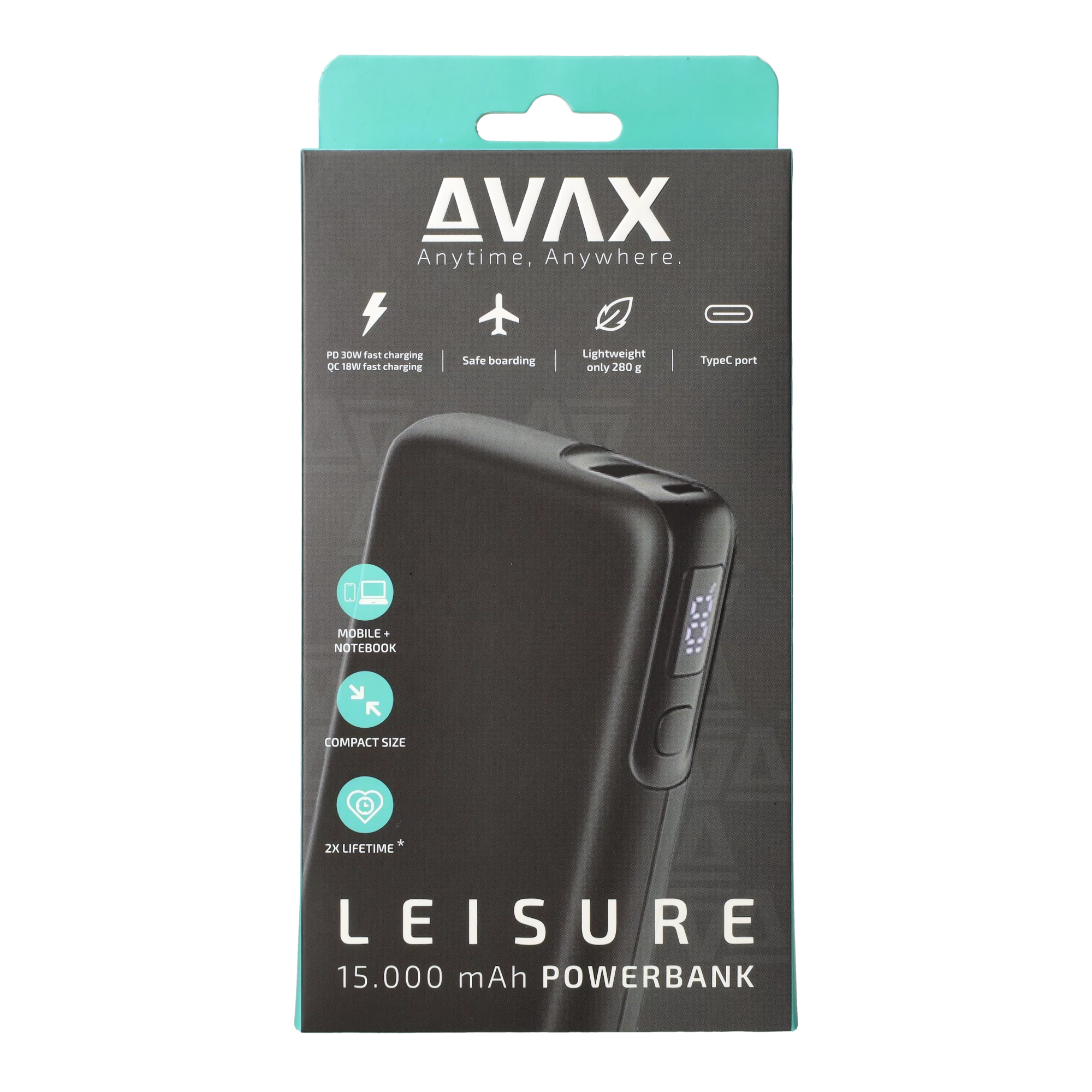 AVAX PB106B LEISURE PD/USB-C 30W+QC 18W 15.000mAh gyorstöltő külső akkumulátor, fekete