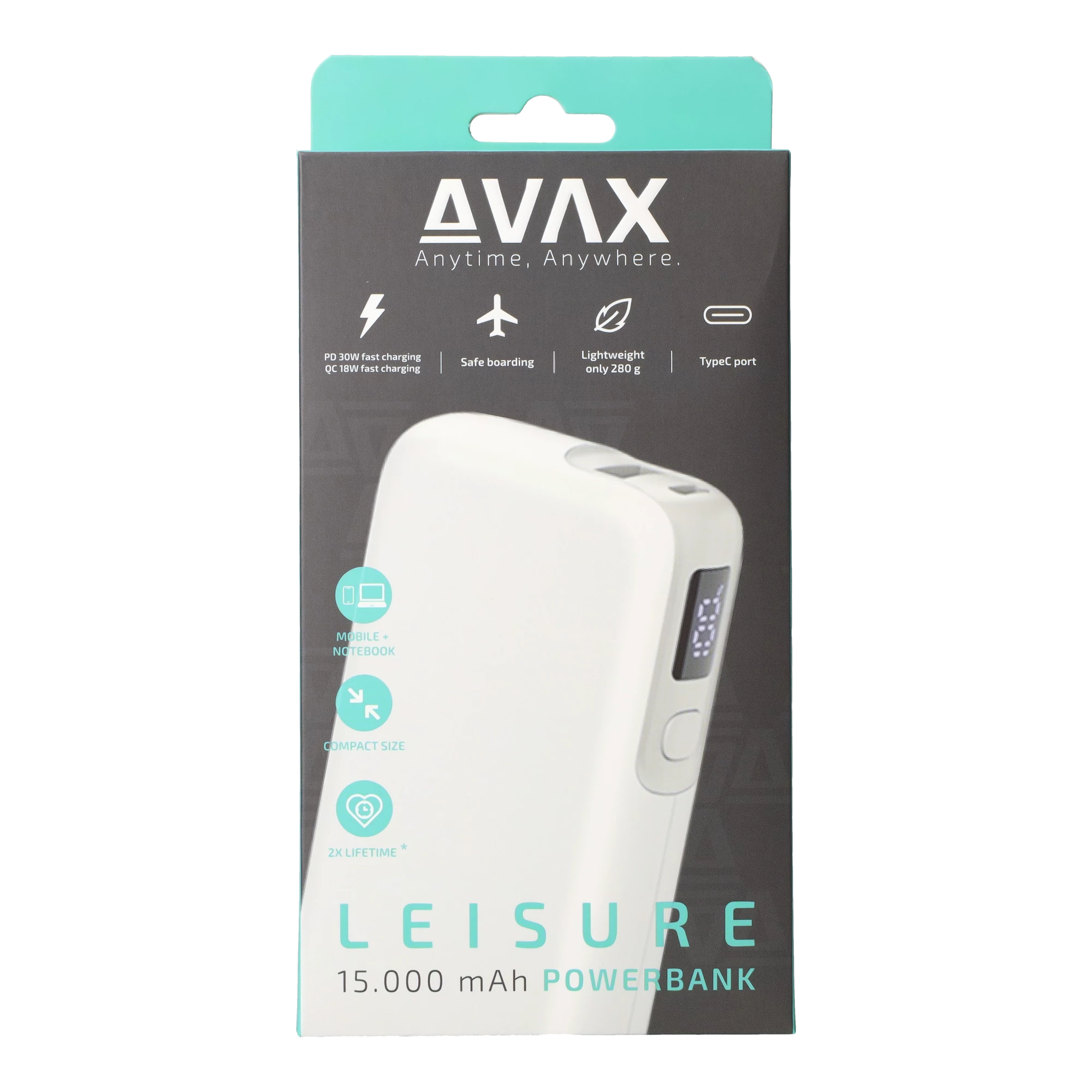 AVAX PB106W LEISURE PD/USB-C 30W+QC 18W 15.000mAh gyorstöltő külső akkumulátor, fehér