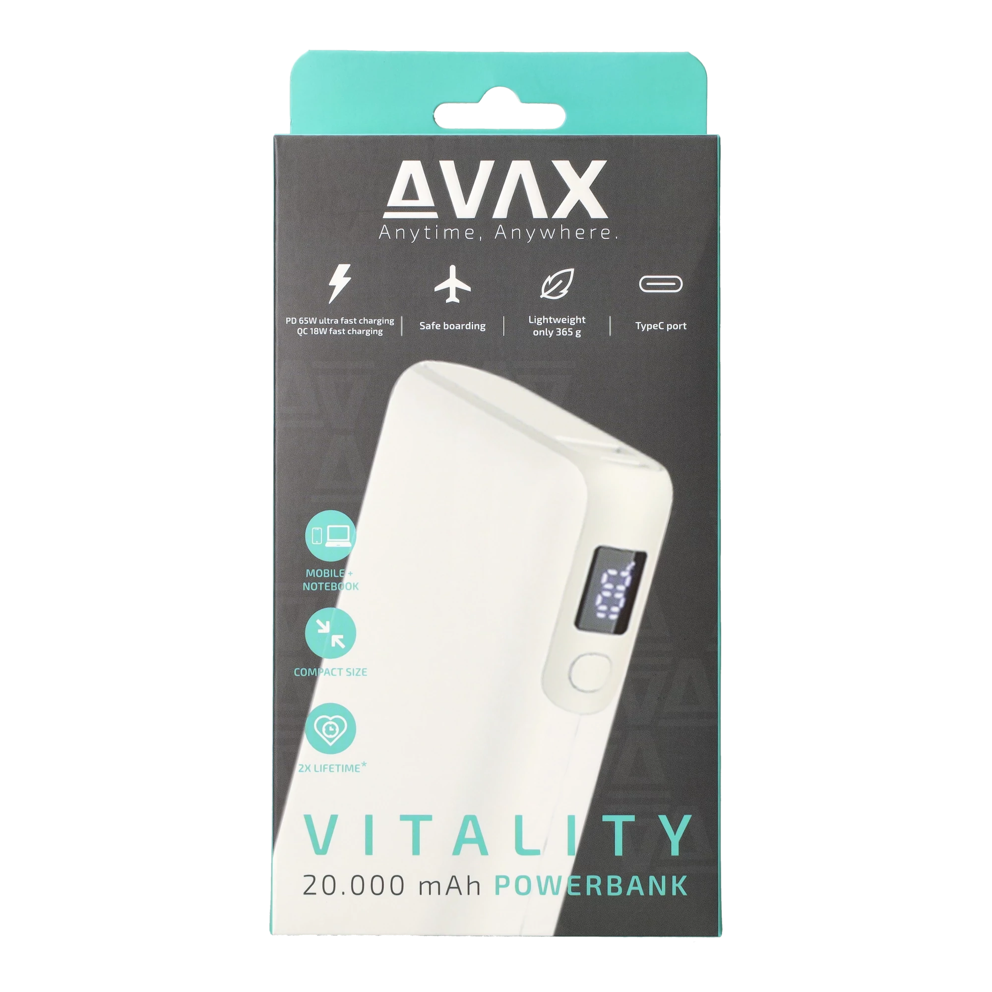 AVAX PB202W VITALITY PD/USB-C 65W+QC 18W 20.000mAh gyorstöltő külső akkumulátor, fehér